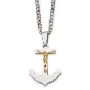 Chisel Stainless Steel 14k Gold Crucifix Anchor Charm w 24" Curb Chain Necklace